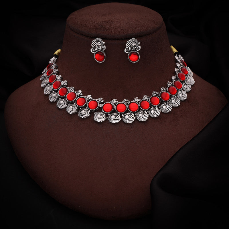 Tehzeeb Creations Silver Plated Red Colour Stone Jewellery Choker Necklace Set With Matching Pair of Stud Earrings