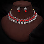Tehzeeb Creations Silver Plated Red Colour Stone Jewellery Choker Necklace Set With Matching Pair of Stud Earrings
