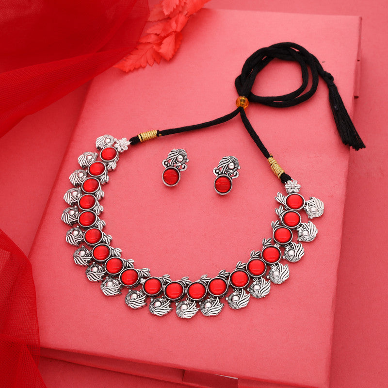 Tehzeeb Creations Silver Plated Red Colour Stone Jewellery Choker Necklace Set With Matching Pair of Stud Earrings