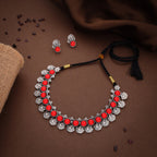 Tehzeeb Creations Silver Plated Red Colour Stone Jewellery Choker Necklace Set With Matching Pair of Stud Earrings