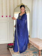 The52 Blue Women's Beautiful Embroidered Vichitra Silk Fabric with Flared Kurta, Pant and Dupatta Set - Distacart