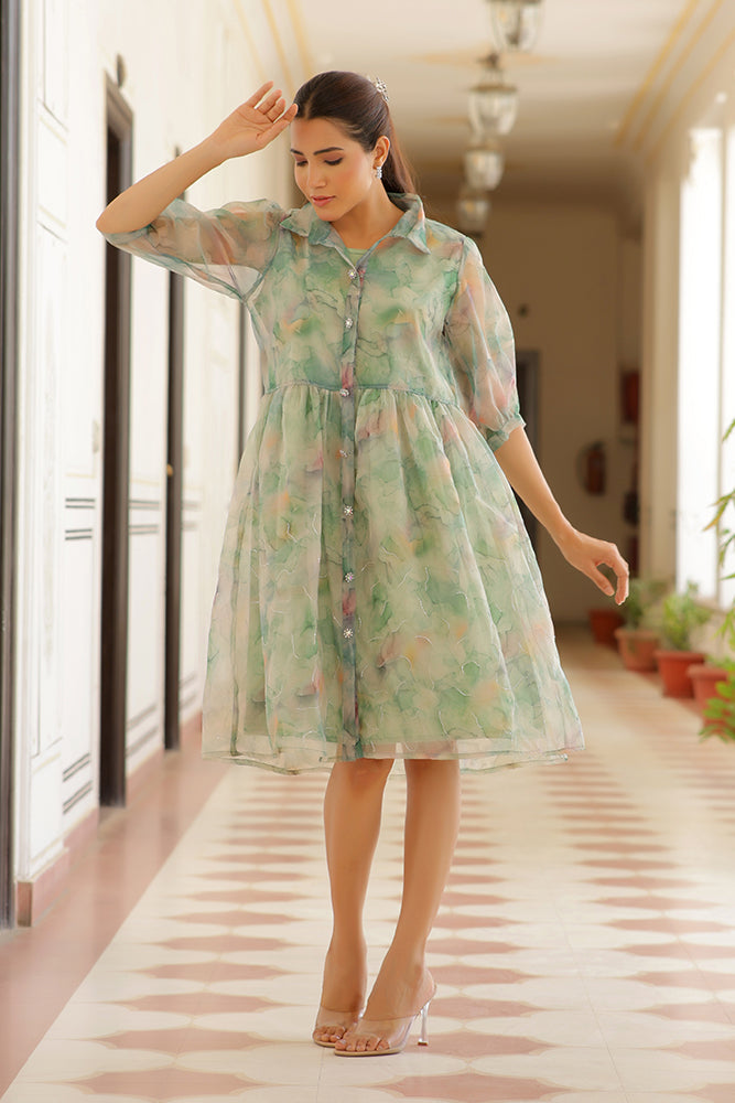 Vaasva Women Green Organza Marble Printed Dress - Distacart
