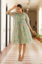 Vaasva Women Green Organza Marble Printed Dress - Distacart