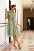 Vaasva Women Green Organza Marble Printed Dress - Distacart