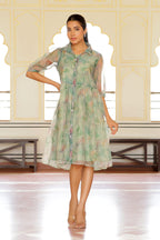 Vaasva Women Green Organza Marble Printed Dress - Distacart