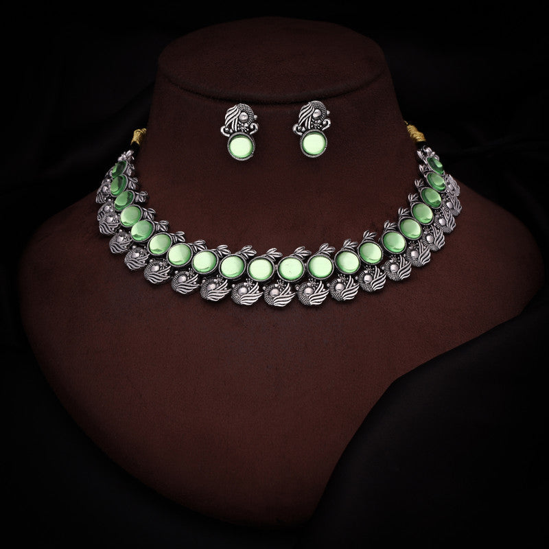 Tehzeeb Creations Silver Plated See Green Colour Stone Jewellery Choker Necklace Set With Matching Pair of Stud Earrings