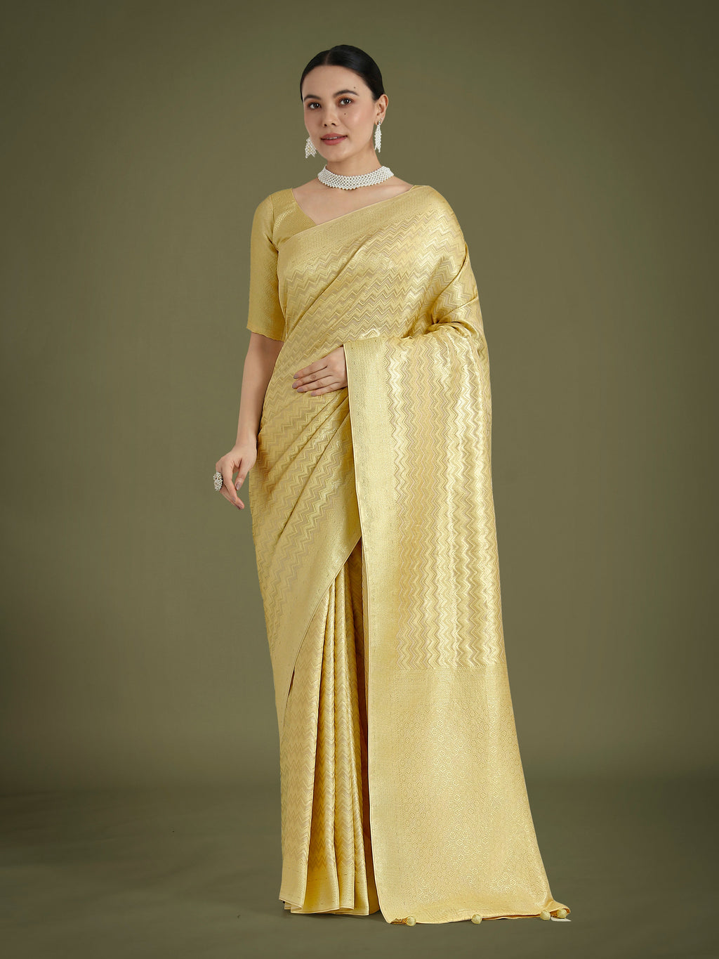 Monjolika Fashion Wonderful Light Yellow Soft Banarasi Satin Silk Leheriya Design Saree