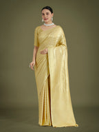 Monjolika Fashion Wonderful Light Yellow Soft Banarasi Satin Silk Leheriya Design Saree