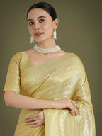 Monjolika Fashion Wonderful Light Yellow Soft Banarasi Satin Silk Leheriya Design Saree
