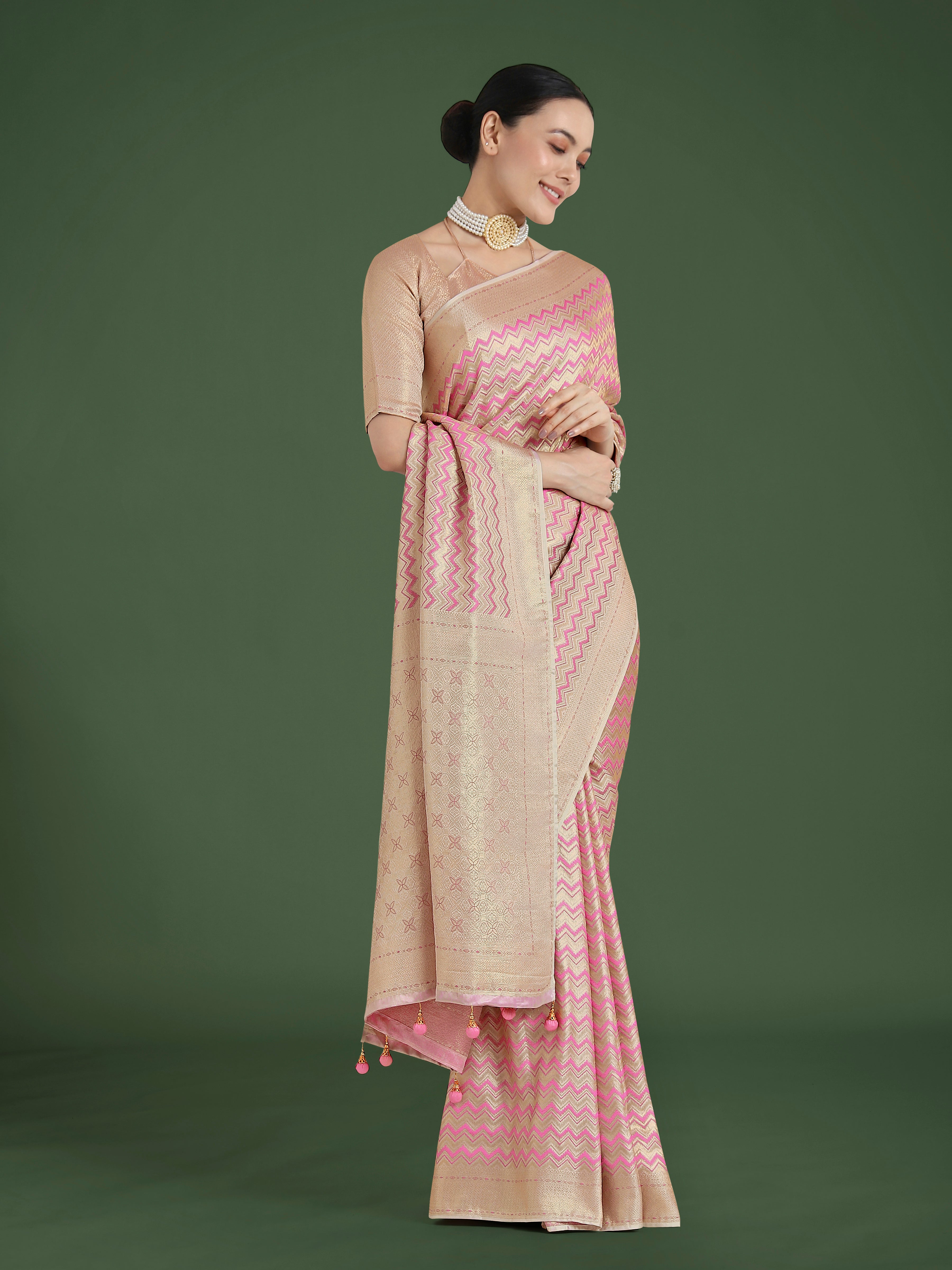 Monjolika Fashion Wonderful Light Pink Soft Banarasi Satin Silk Leheriya Design Saree - Distacart