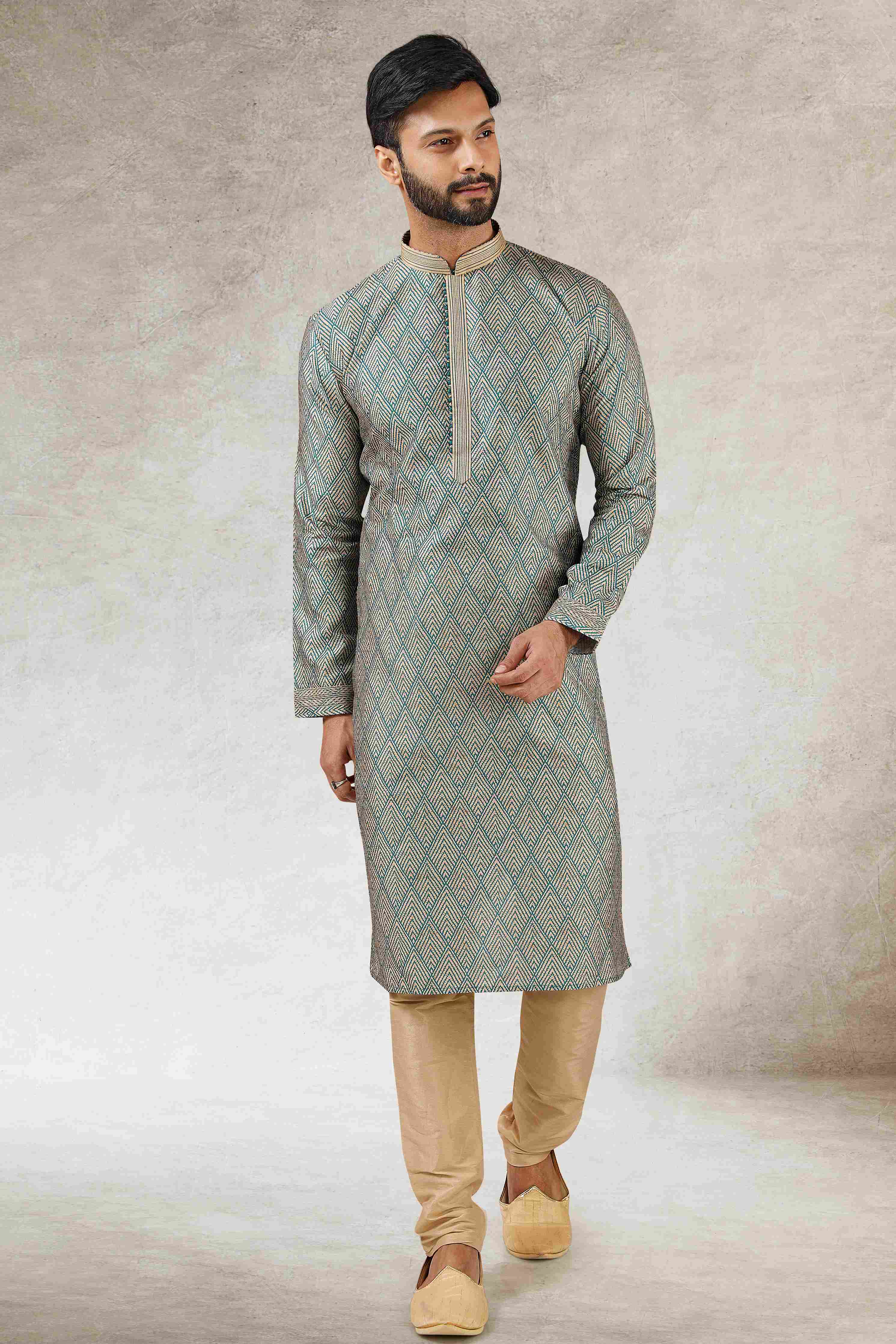 Raivat Ethnic Art Silk Printed Work Kurta Pajama In Green Colour