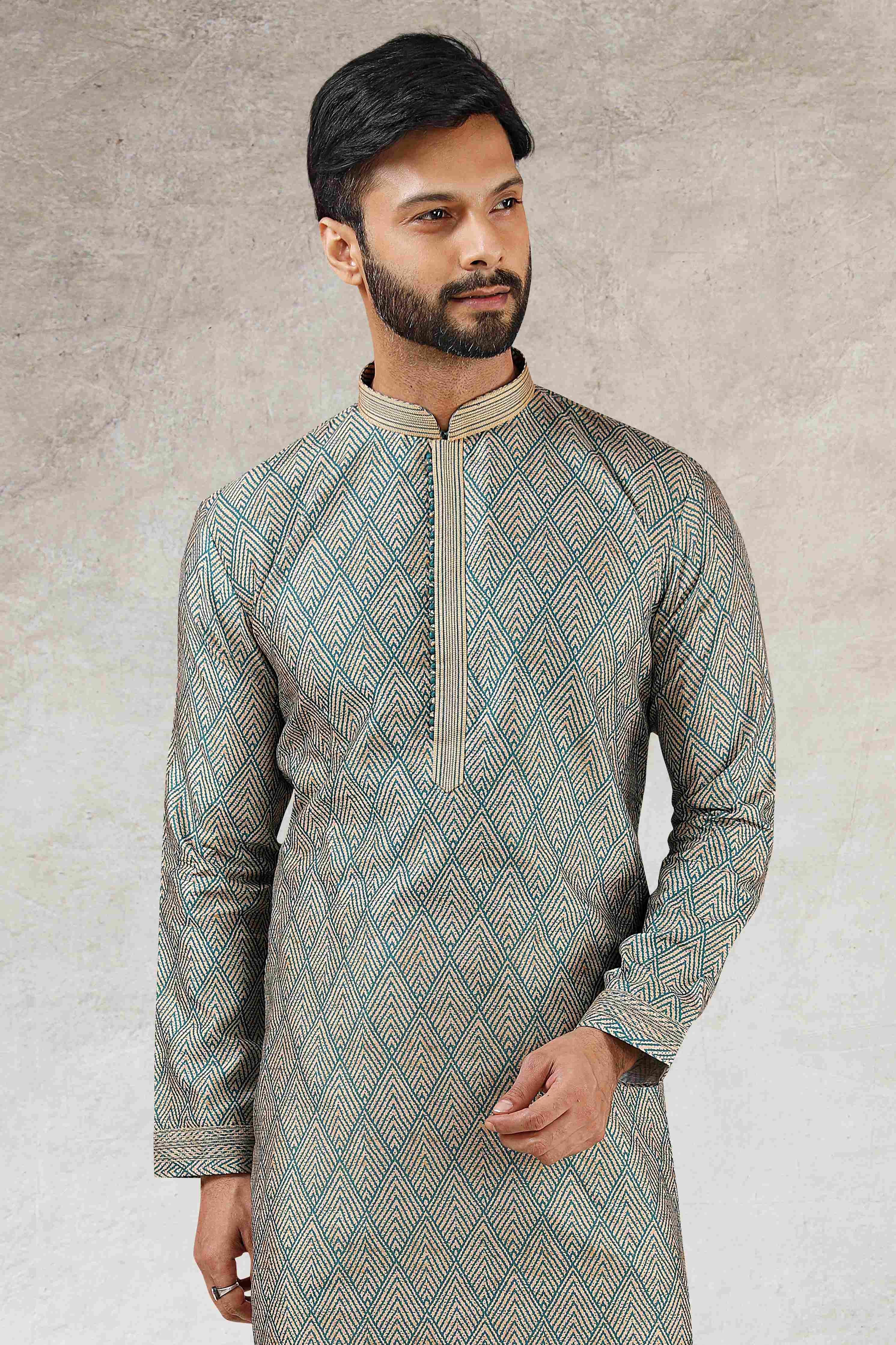 Raivat Ethnic Art Silk Printed Work Kurta Pajama In Green Colour
