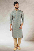 Raivat Ethnic Art Silk Printed Work Kurta Pajama In Green Colour