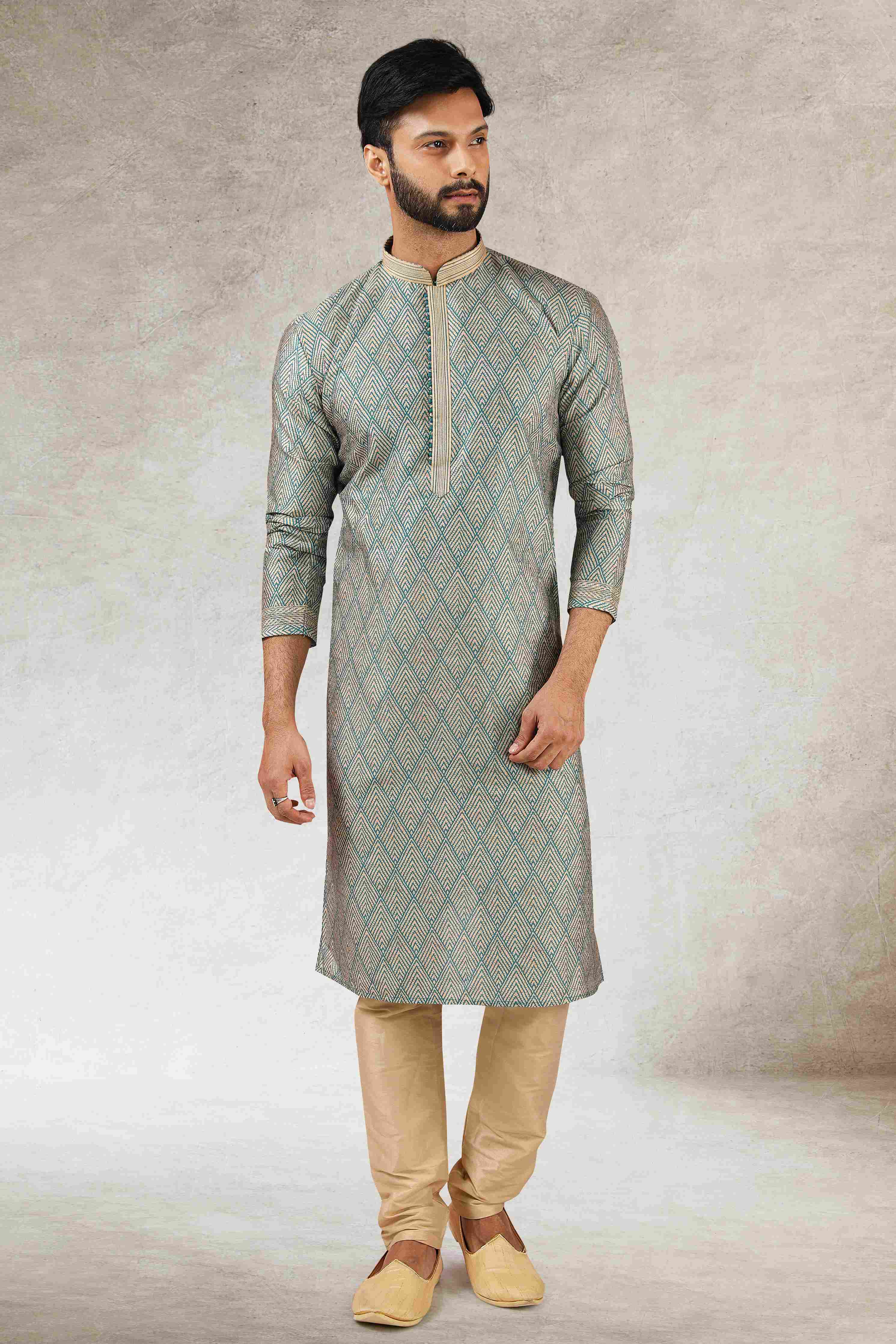 Raivat Ethnic Art Silk Printed Work Kurta Pajama In Green Colour