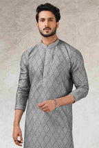 Raivat Ethnic Art Silk Printed Work Kurta Pajama In Grey Black Colour