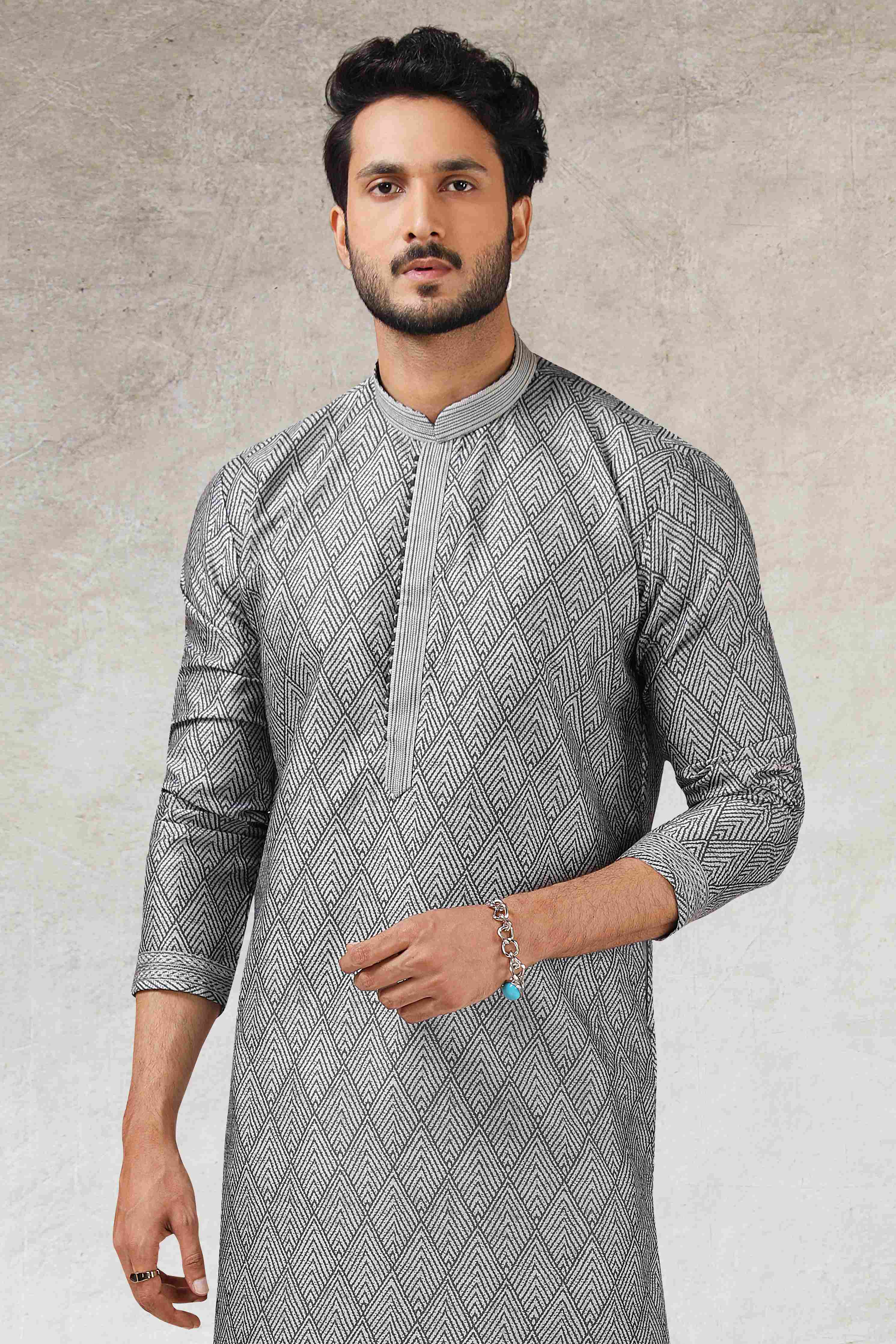 Raivat Ethnic Art Silk Printed Work Kurta Pajama In Grey Black Colour