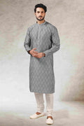 Raivat Ethnic Art Silk Printed Work Kurta Pajama In Grey Black Colour