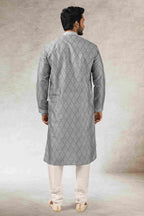 Raivat Ethnic Art Silk Printed Work Kurta Pajama In Grey Black Colour