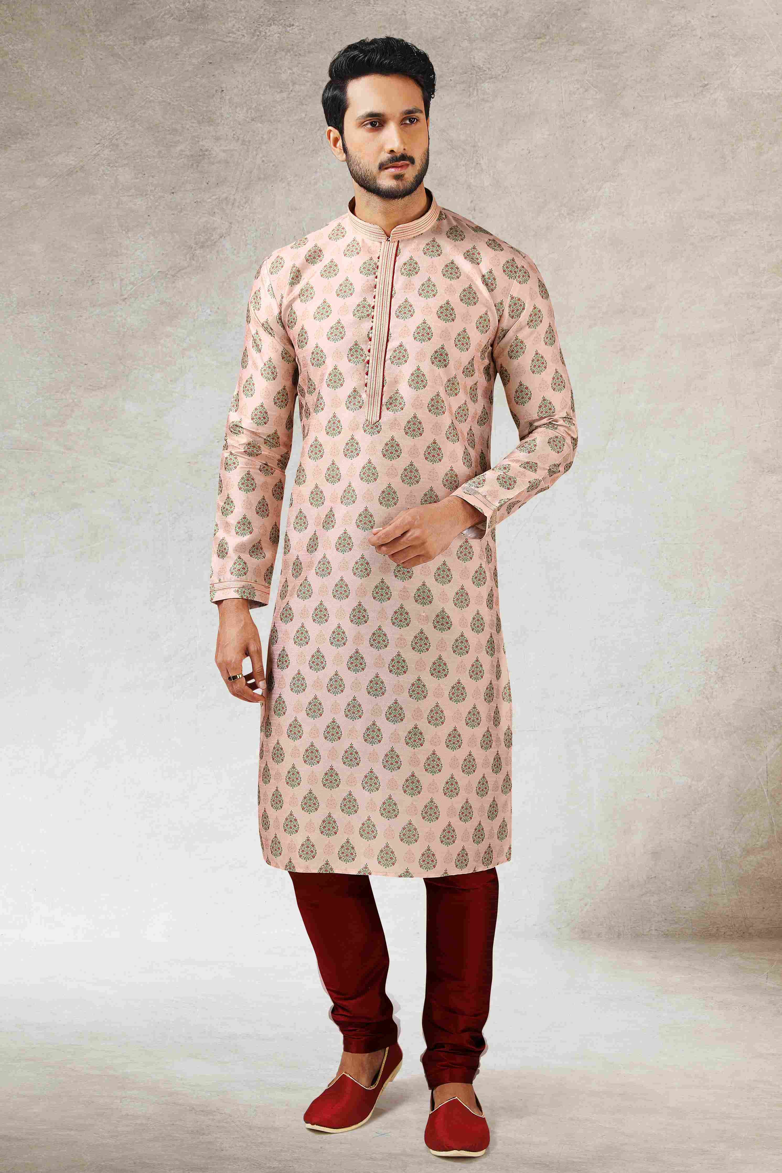 Raivat Ethnic Art Silk Printed Work Kurta Pajama In Peach Colour