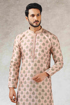 Raivat Ethnic Art Silk Printed Work Kurta Pajama In Peach Colour