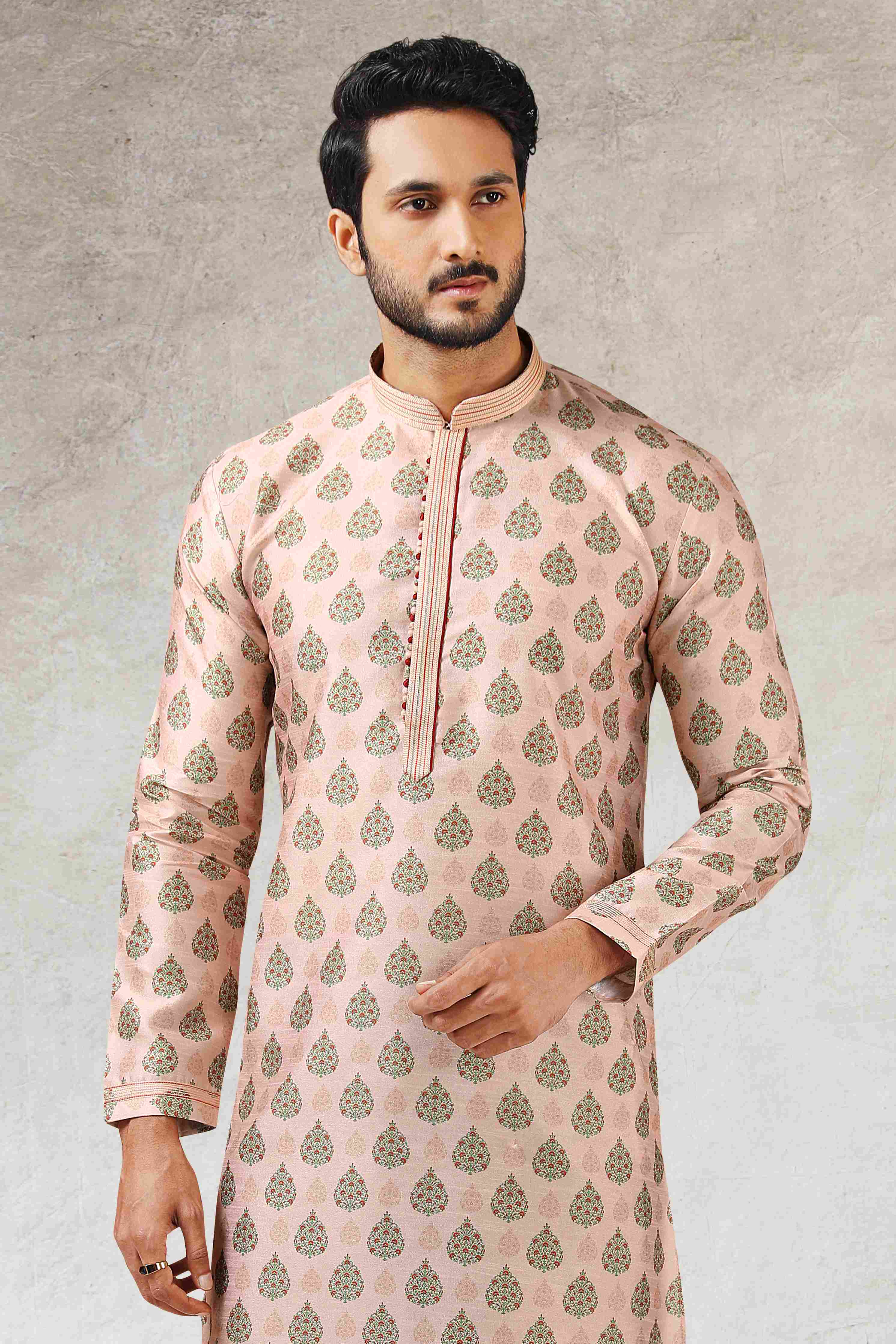 Raivat Ethnic Art Silk Printed Work Kurta Pajama In Peach Colour