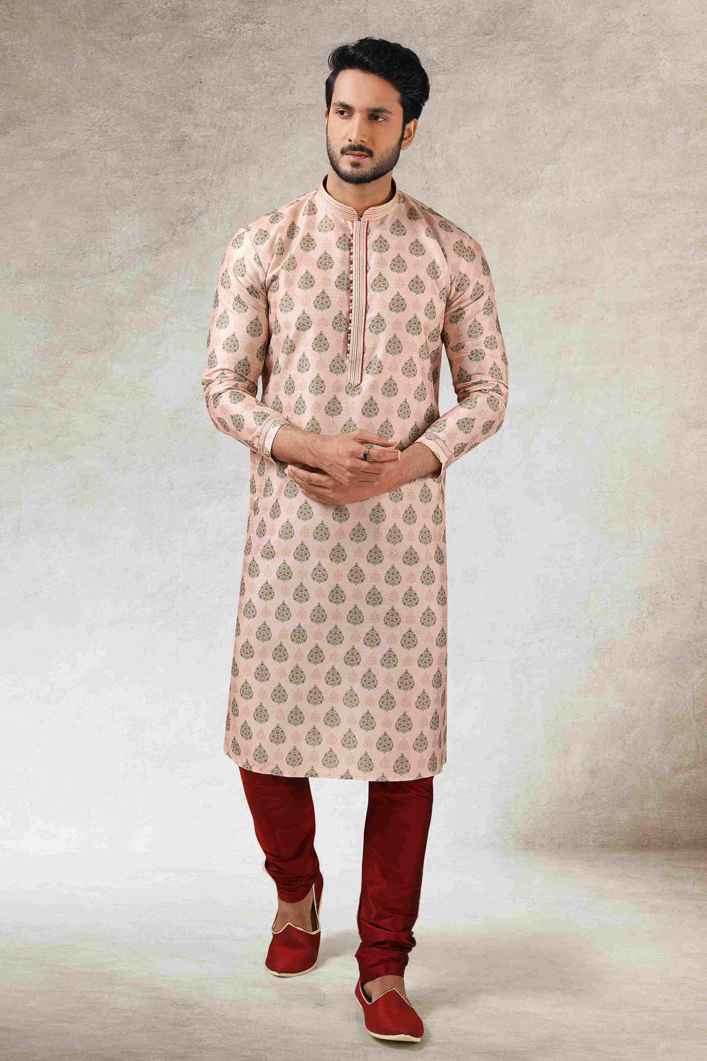 Raivat Ethnic Art Silk Printed Work Kurta Pajama In Peach Colour