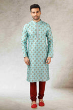 Raivat Ethnic Art Silk Printed Work Kurta Pajama In Pista Green Colour