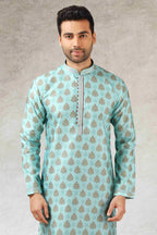 Raivat Ethnic Art Silk Printed Work Kurta Pajama In Pista Green Colour