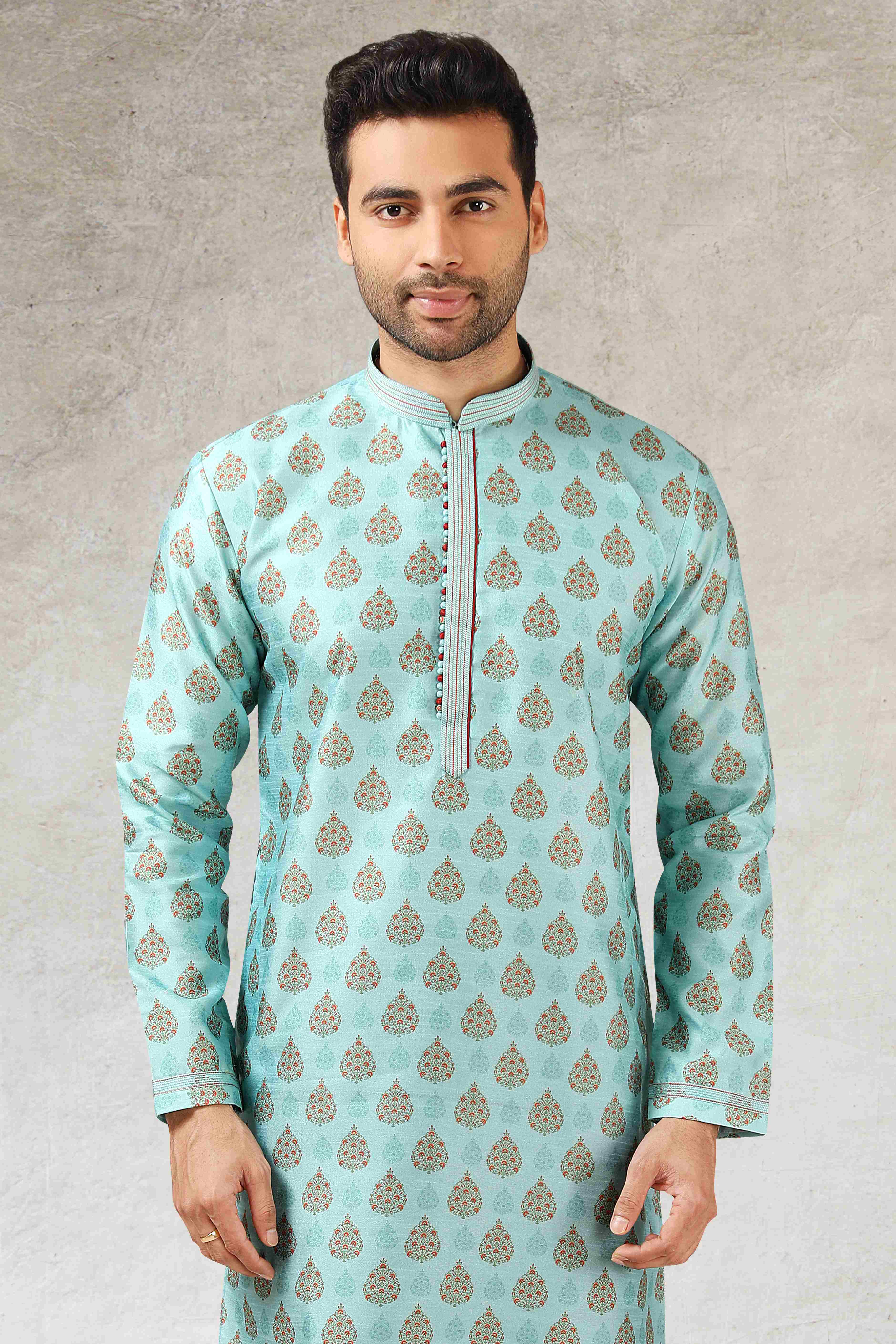 Raivat Ethnic Art Silk Printed Work Kurta Pajama In Pista Green Colour