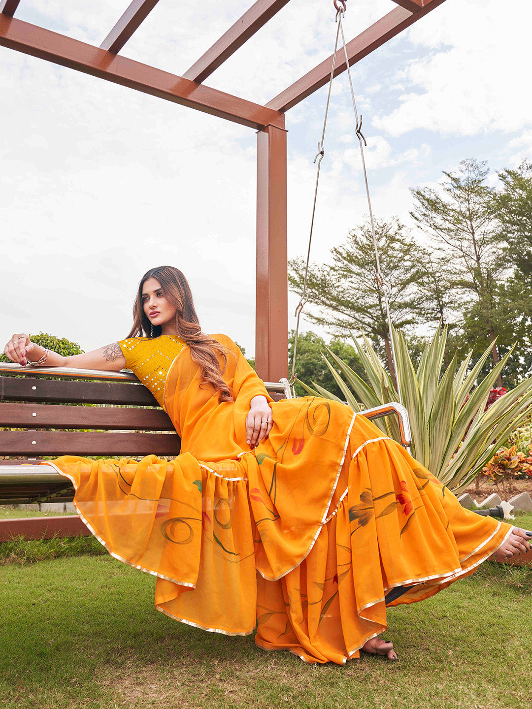 Tikhi Imli Mustard Yellow Gotta Patti Ruffles Saree - Distacart
