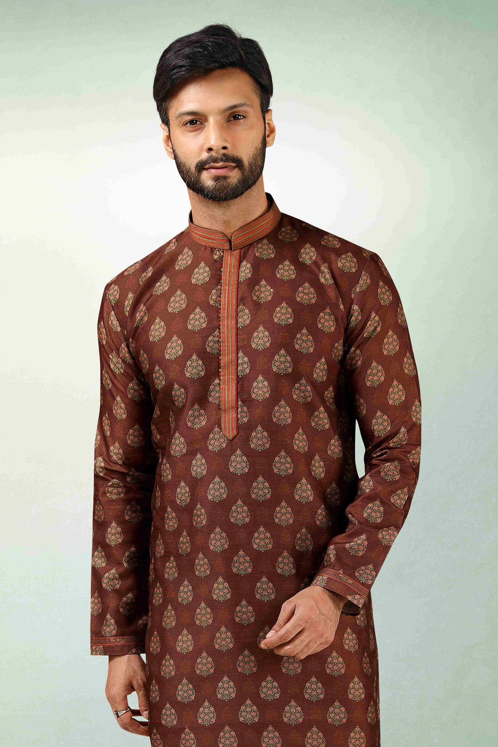 Raivat Ethnic Art Silk Printed Work Kurta Pajama In Brown Colour - Distacart
