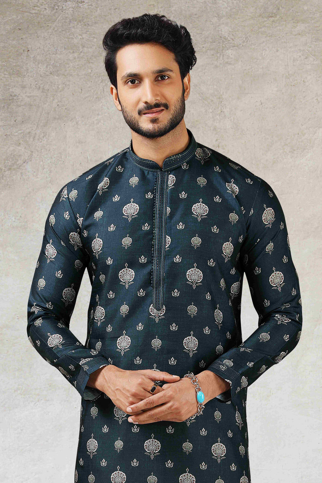 Raivat Ethnic Art Silk Printed Work Kurta Pajama In Teal Green Colour