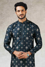 Raivat Ethnic Art Silk Printed Work Kurta Pajama In Teal Green Colour