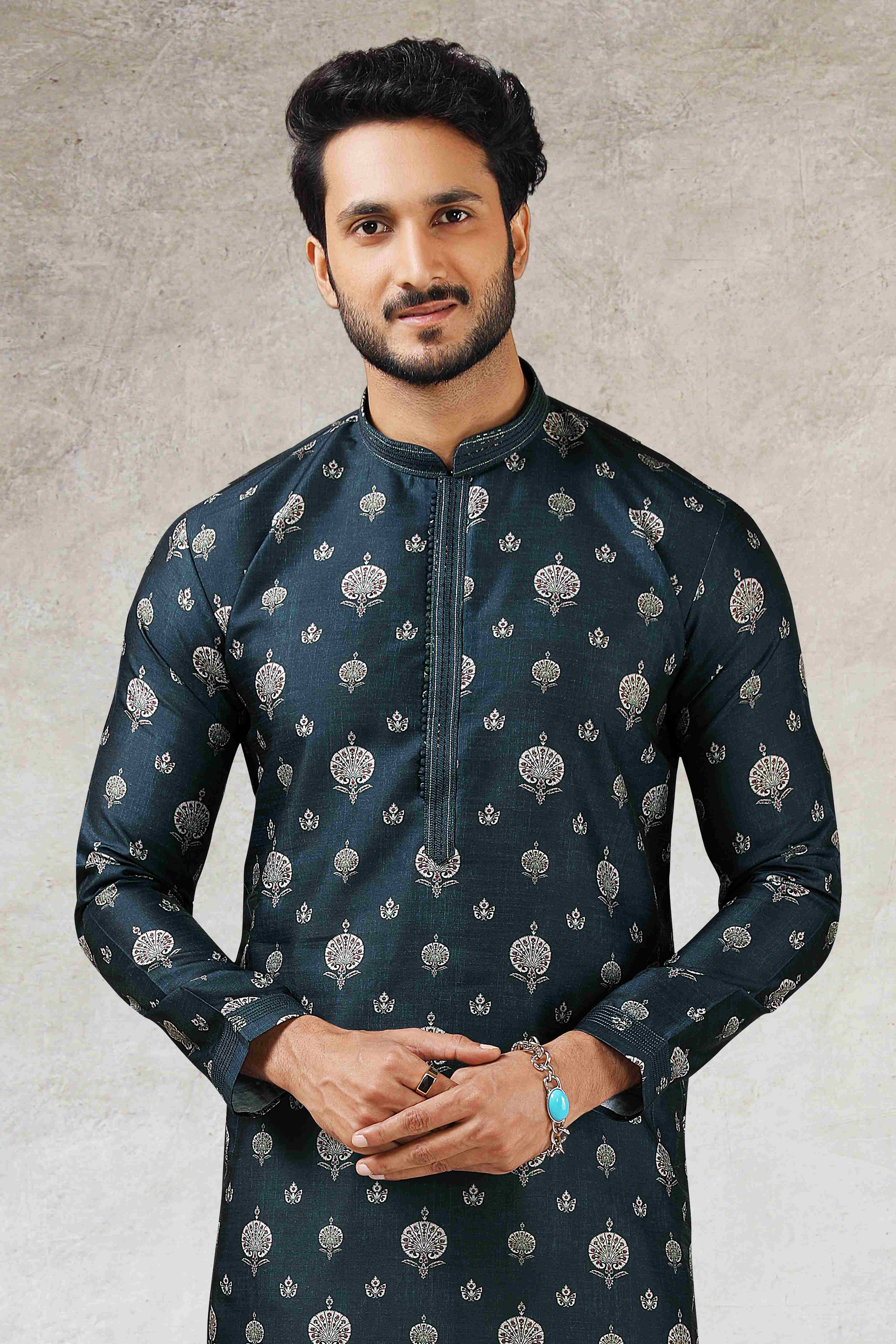 Raivat Ethnic Art Silk Printed Work Kurta Pajama In Teal Green Colour