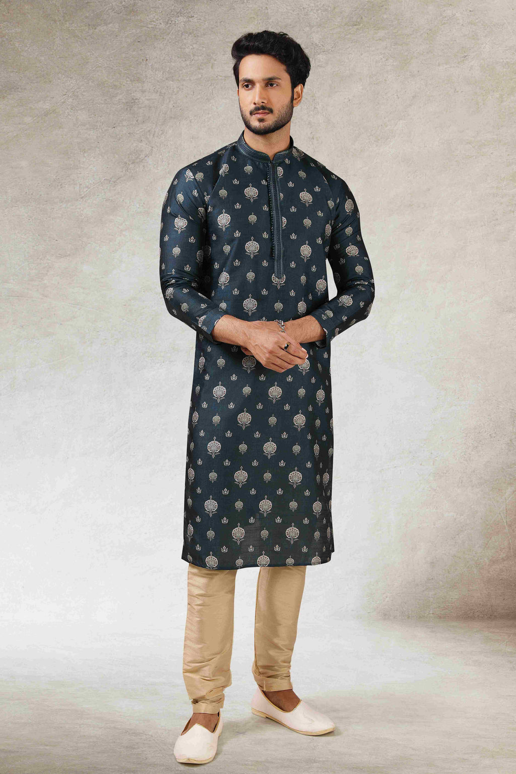 Raivat Ethnic Art Silk Printed Work Kurta Pajama In Teal Green Colour