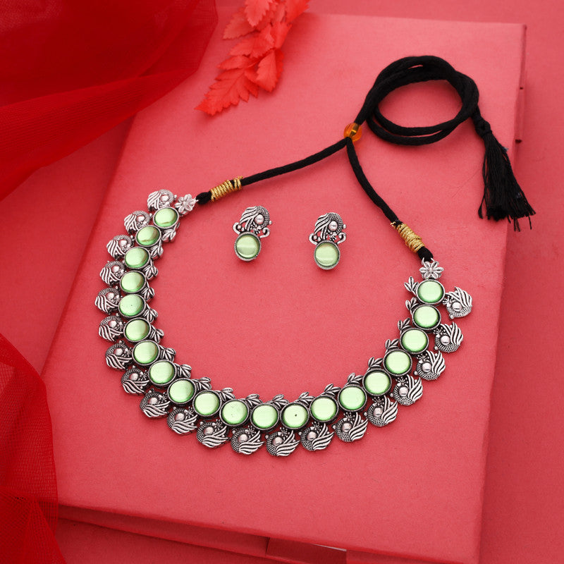 Tehzeeb Creations Silver Plated See Green Colour Stone Jewellery Choker Necklace Set With Matching Pair of Stud Earrings