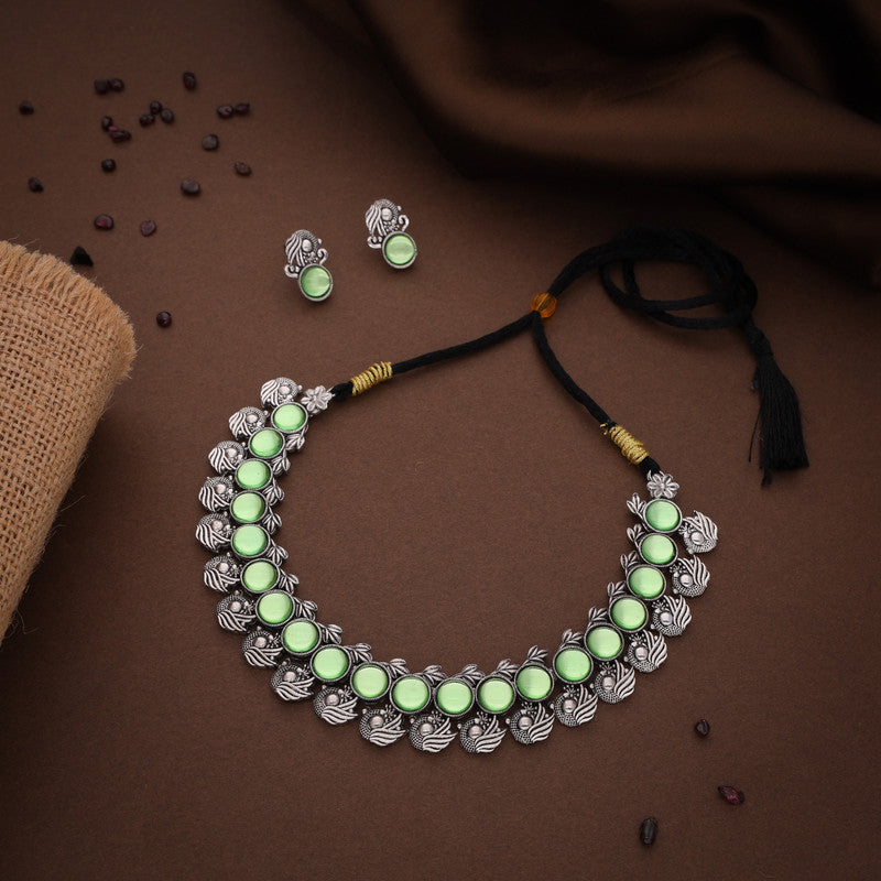 Tehzeeb Creations Silver Plated See Green Colour Stone Jewellery Choker Necklace Set With Matching Pair of Stud Earrings