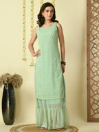 Myshka Women's Green Georgette Kurta & Skirt With Dupatta Party Sets