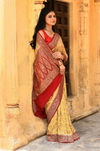 Joban Fashion Yellow Crepe Chiffon Pure Handloom Banarasi Silk Saree