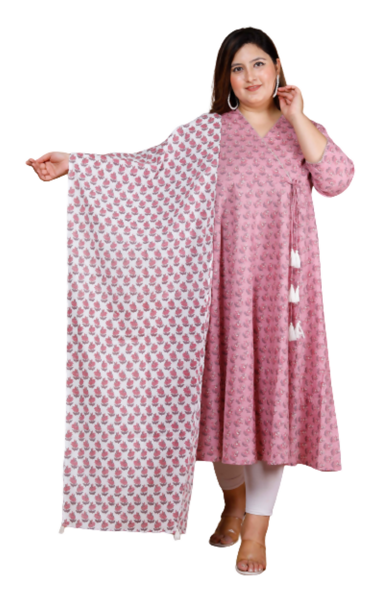 Miravan Women's Plus Size Pink Floral Printed Cotton Anarkali Kurta With Dupatta