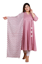 Miravan Women's Plus Size Pink Floral Printed Cotton Anarkali Kurta With Dupatta