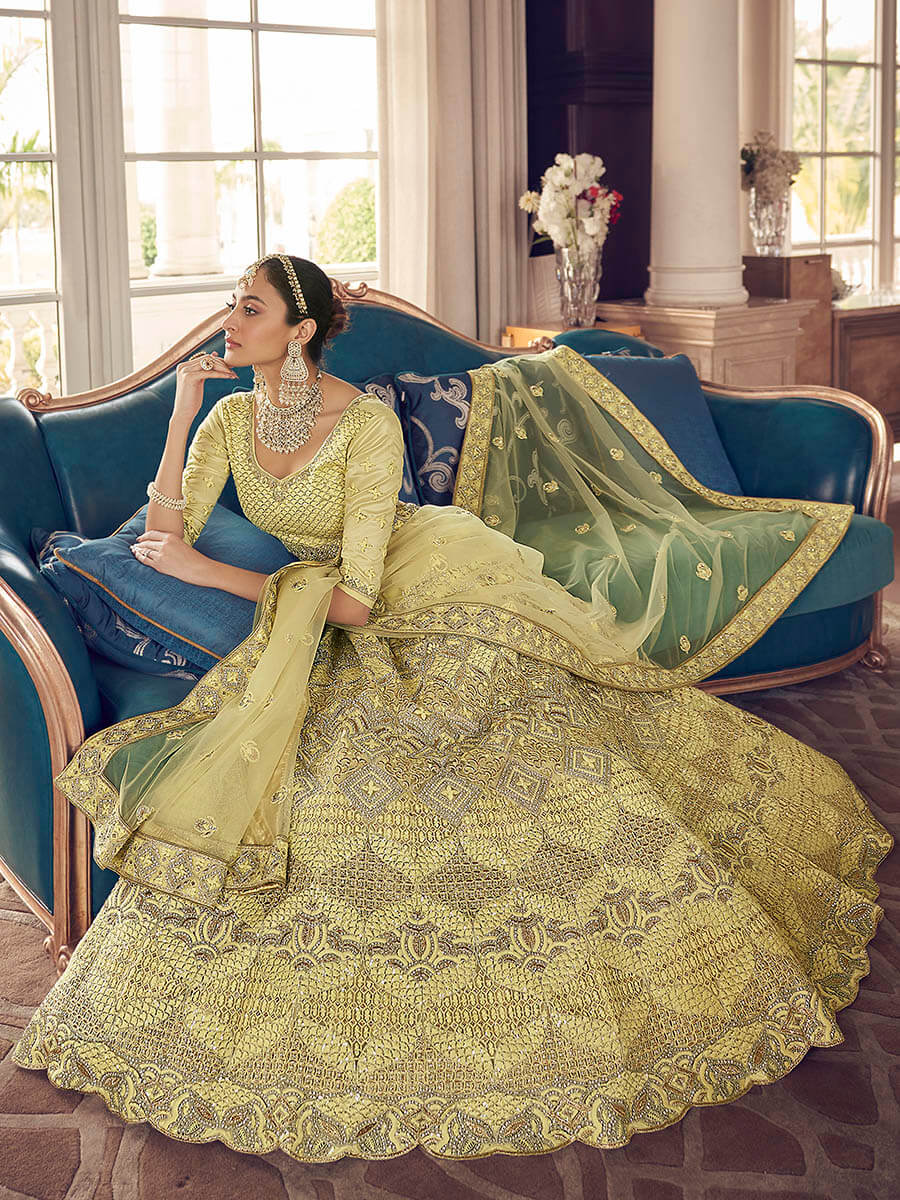 Myra Lime Yellow Crepe Embroidered Lehenga