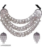 Tehzeeb Creations Women's Silver Colour Antique Necklace And Earrings With Mirror Work