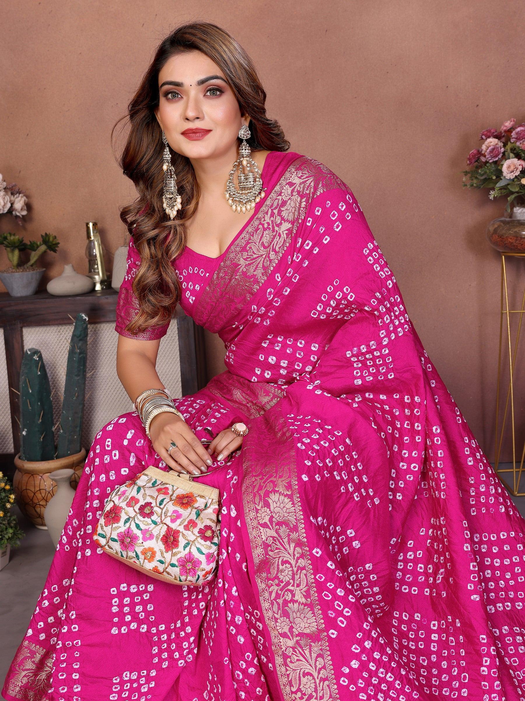 Anaita Pink Handmade Bandhej Viscose Silk Saree With Blouse - Distacart