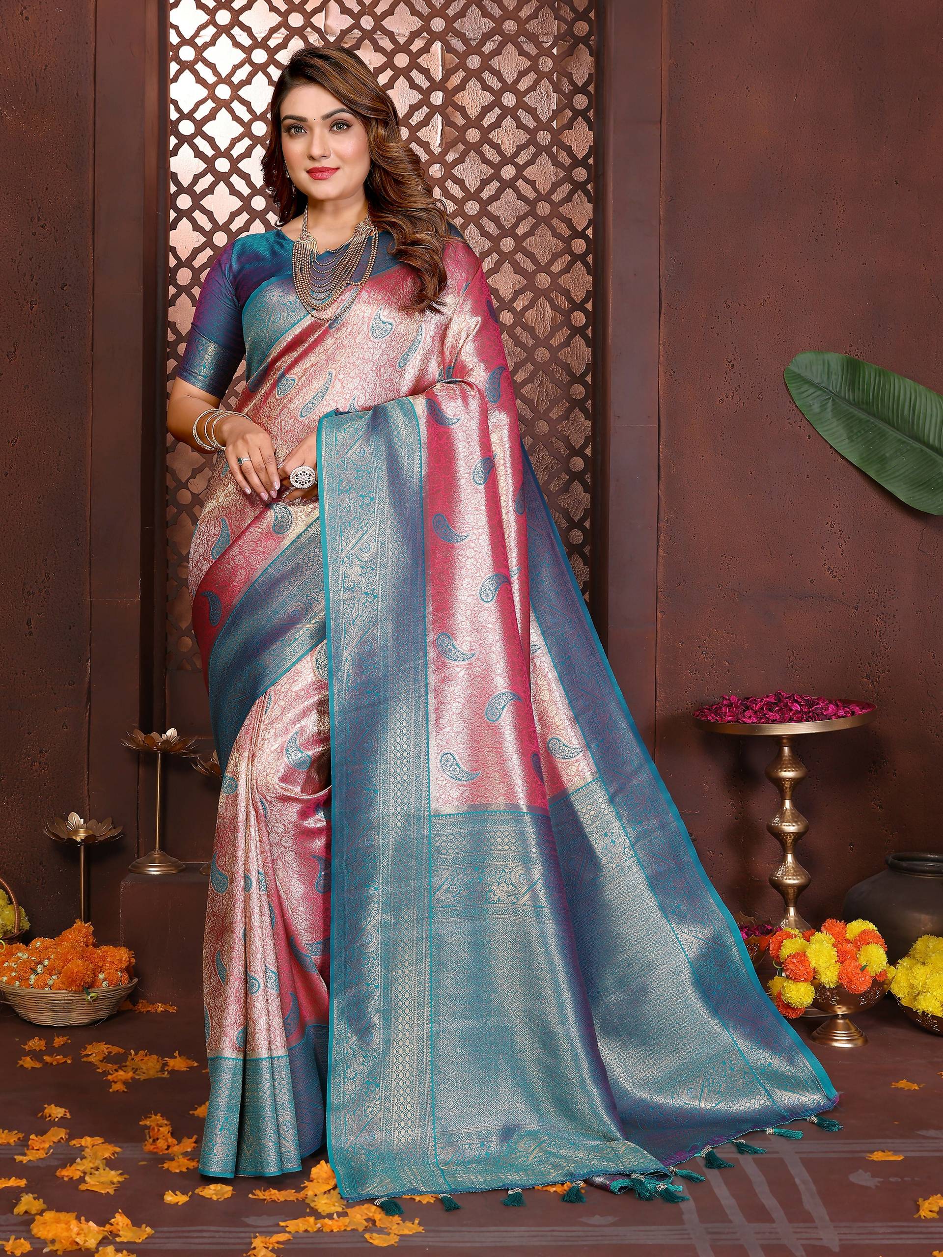 Aastha Fashion Magenta Tissue Silk Weaving Saree - Distacart
