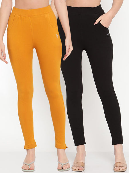 TAG 7 Women Black & Mustard Yellow Pack of 2 Straight Fit Ankle-Length Leggings