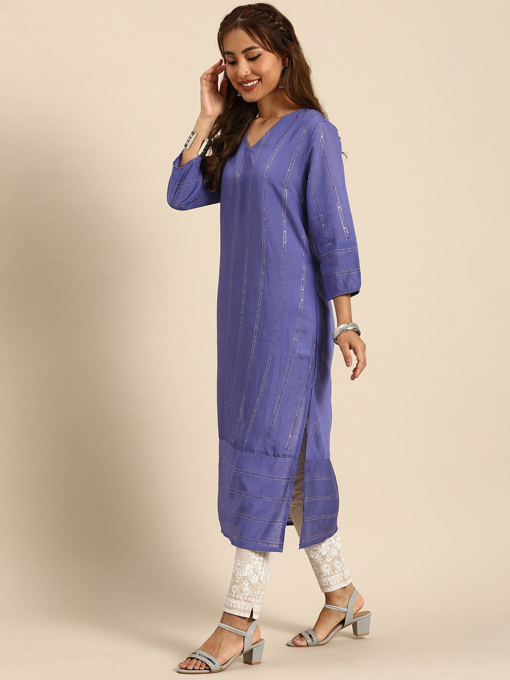Sangria Women Jacquard Sequinned Chanderi Silk Kurta