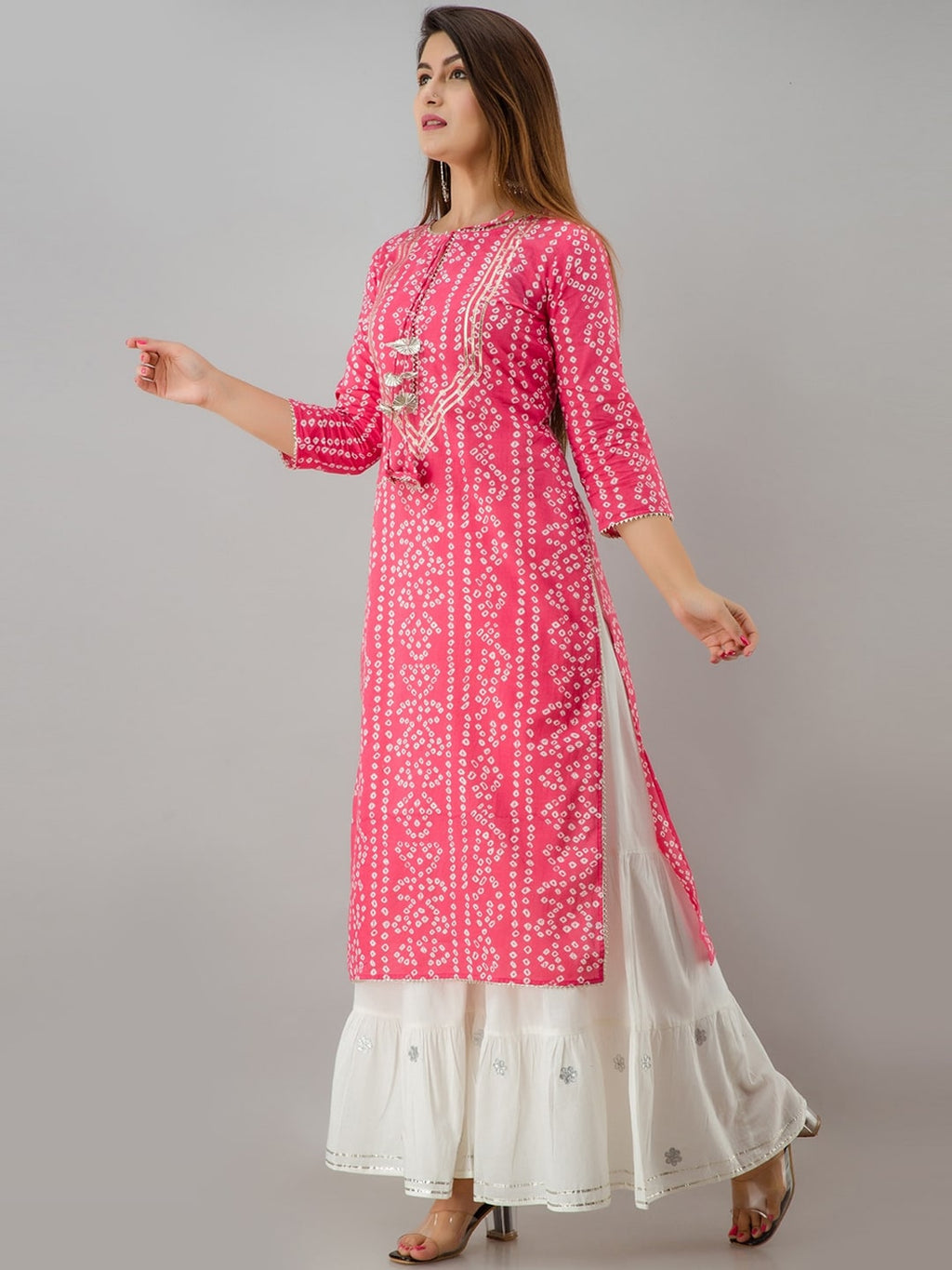 HERE&NOW Pink Bandhani Printed Gotta Patti Regular Kurta with Sharara - Distacart