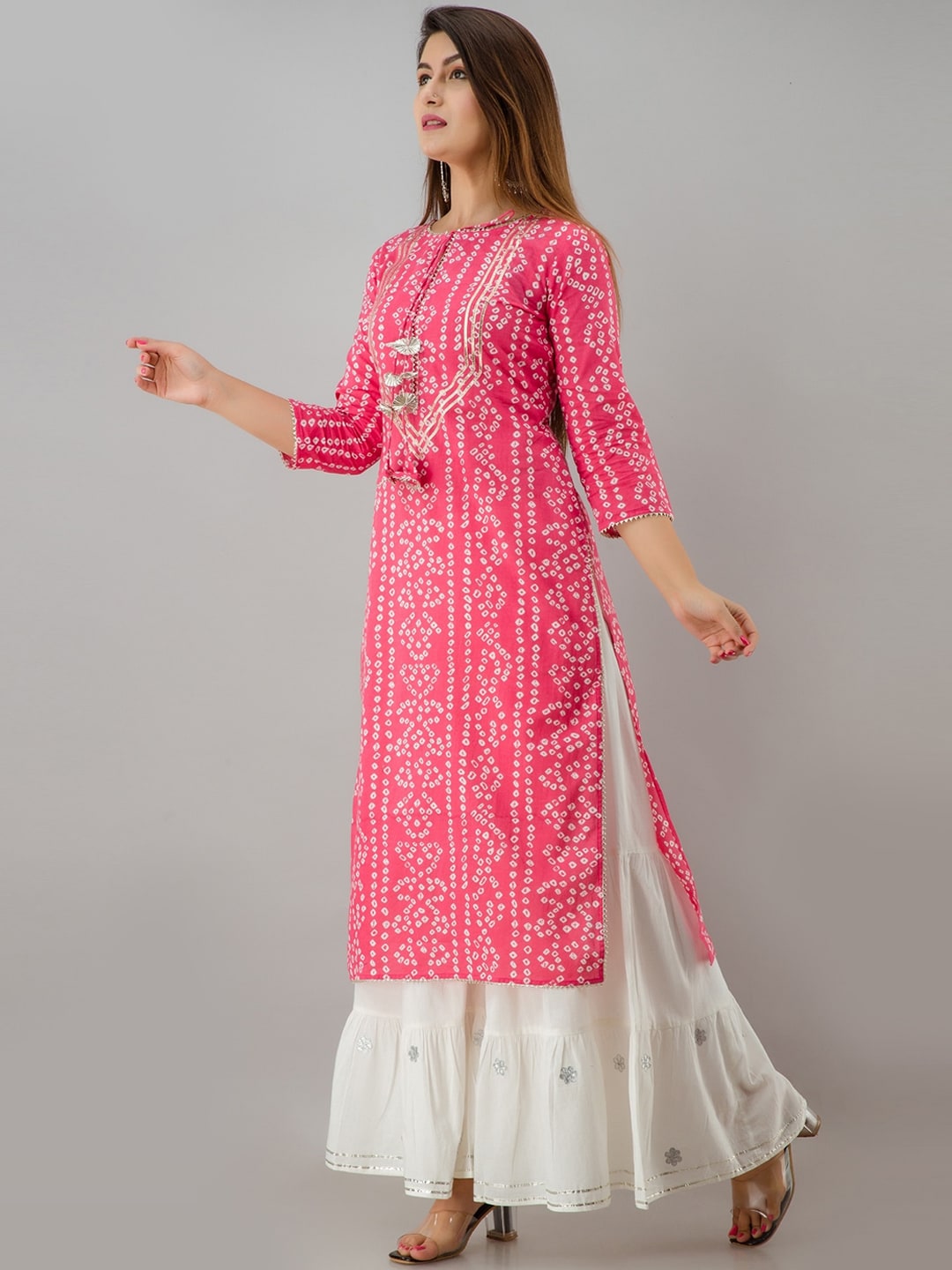 HERE&NOW Pink Bandhani Printed Gotta Patti Regular Kurta with Sharara - Distacart