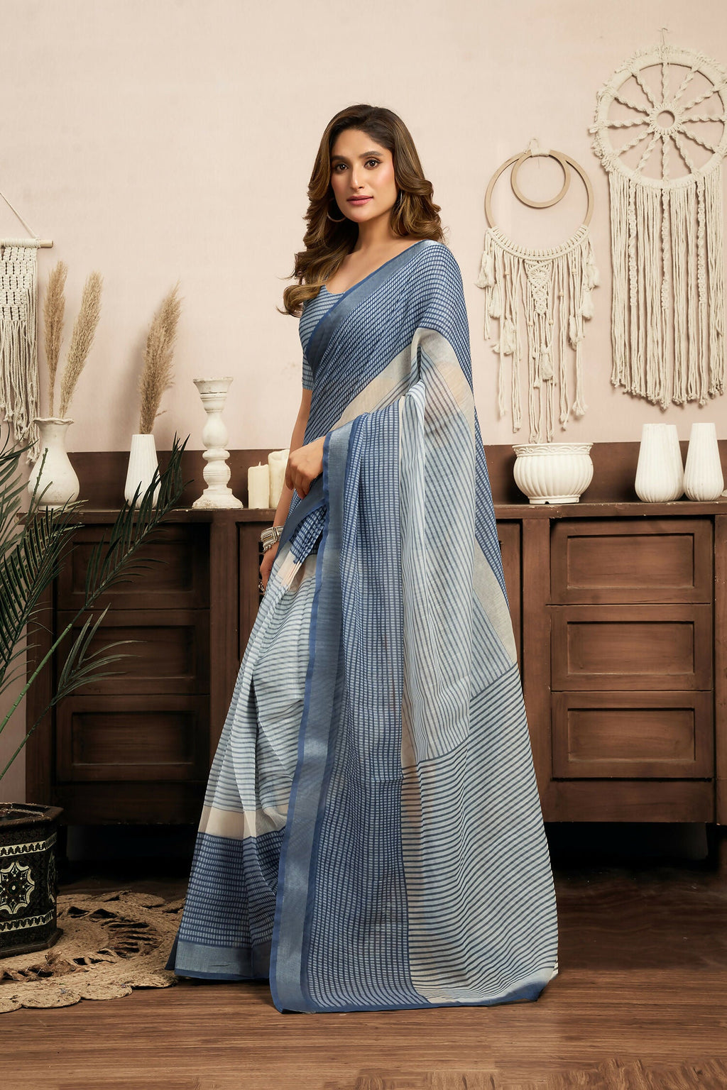 Joban Fashion Cream & Blue Striped Linen Ready To Wear Saree With Unstitched Blouse - Distacart